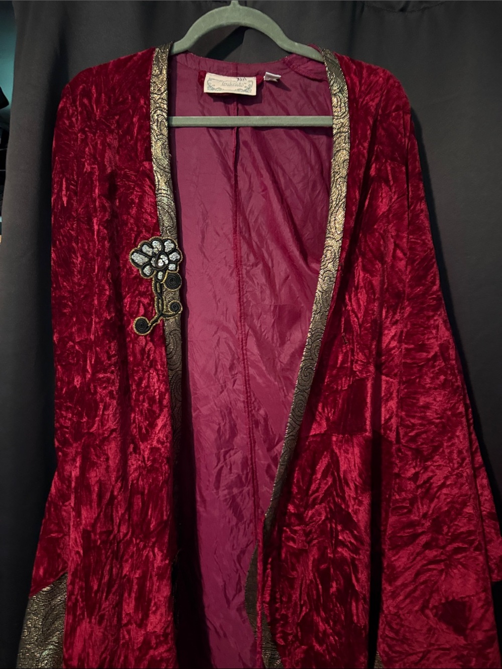 Frederick's of Hollywood Burgundy Velvet Robe with Gold Trim and Floral Accent